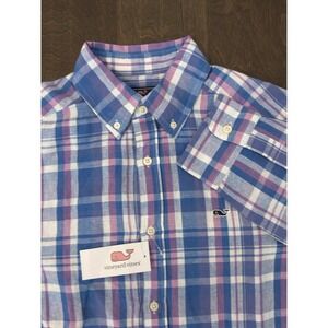 NWT Vineyard Vines Men's Classic Fit Button Down Shirt Linen Blend Blue Plaid XS